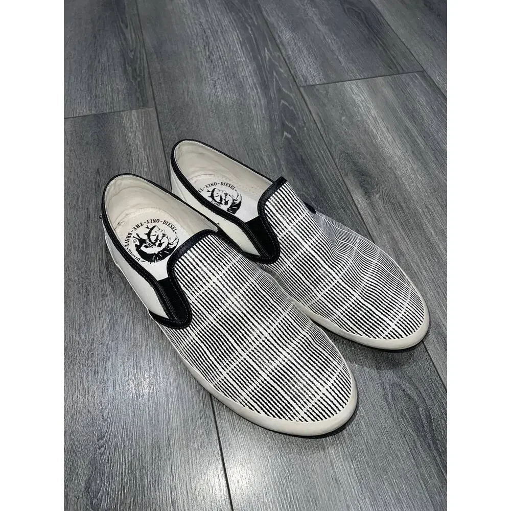 DIESEL Men's White & black striped leather Sneakers Only The Brave 10.5 S000058